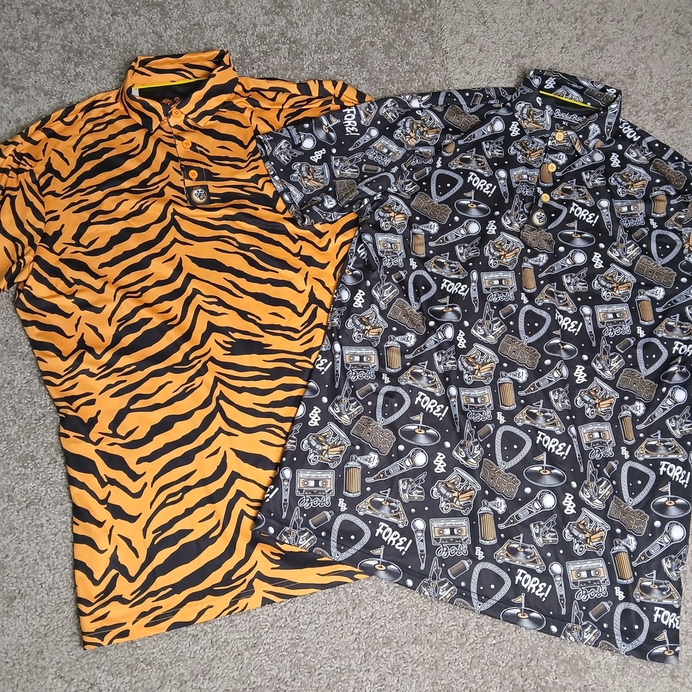 Birdie Boss Mens XL Golf Polo Lot Tiger Stripe Hip Hop Graphic Performance Shirt